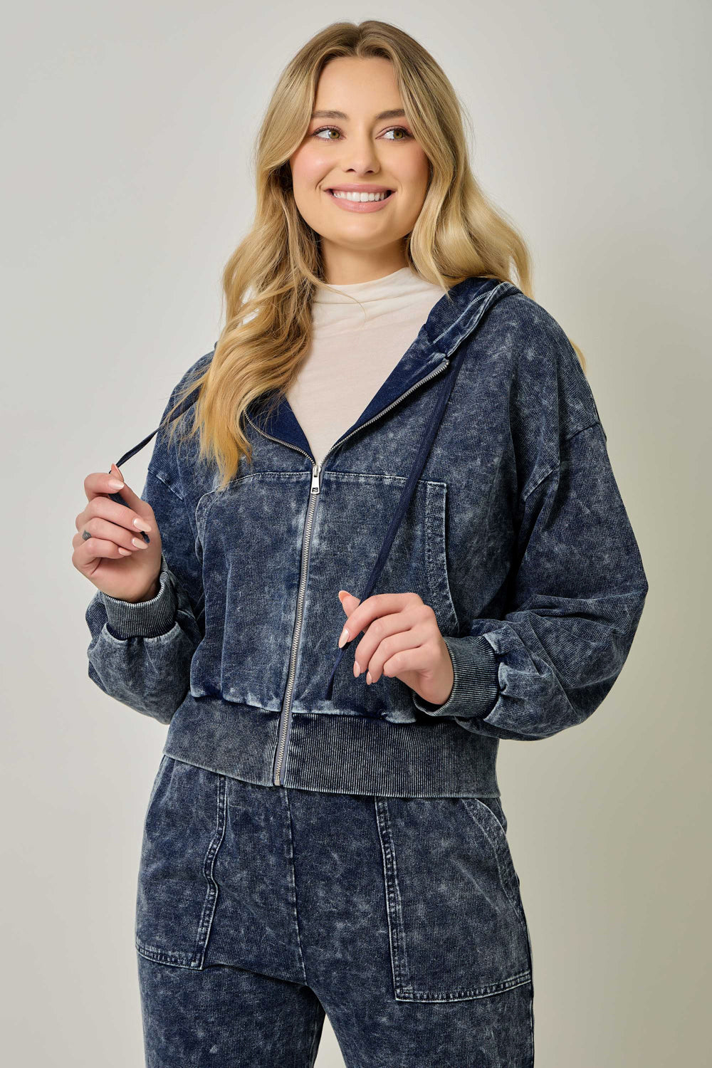 Washed Knit Denim Hoodie Zip Jacket