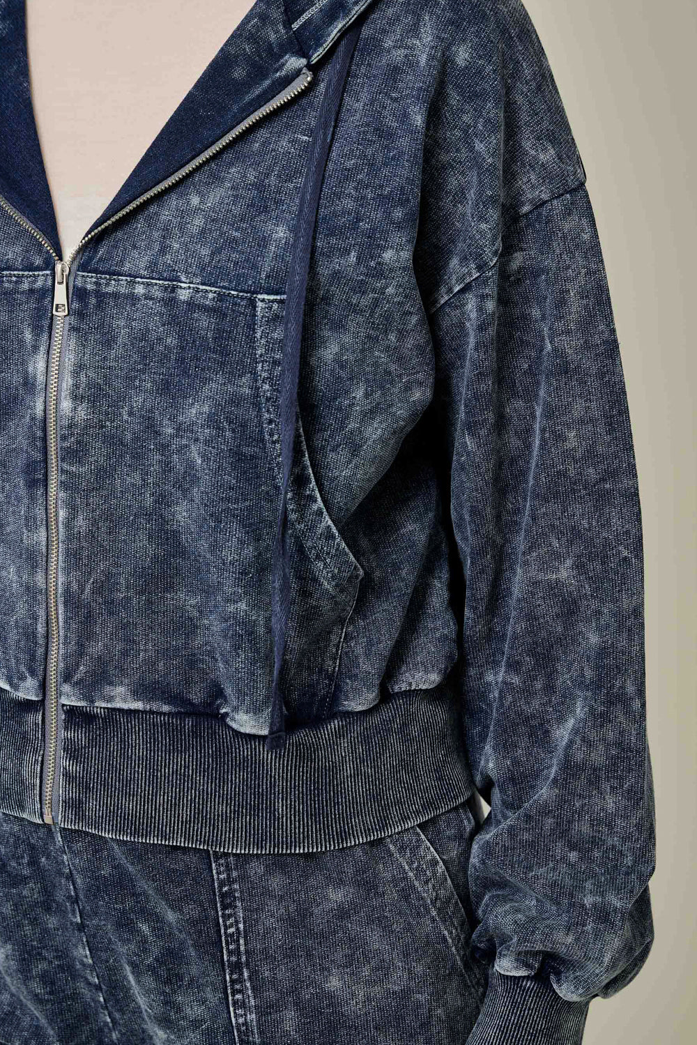 Washed Knit Denim Hoodie Zip Jacket