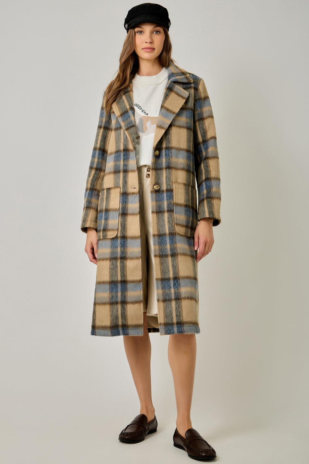 Brushed Plaid Long Coat