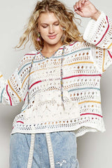 Flare Sleeve Stripe Detail Star Crocheted Hoodie Ivory Multi