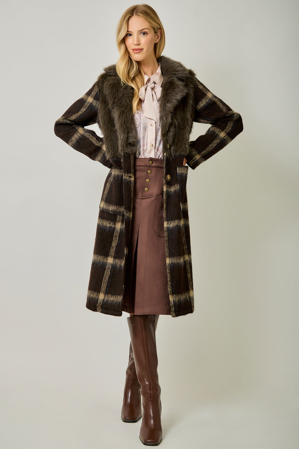 Fur Plaid Mix Media Long Coat