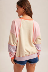 Colorblock Henley Sweatshirt Top Sand + Coral