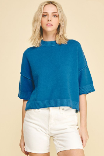 Seam Detail Short Sleeve Sweater Top Blue