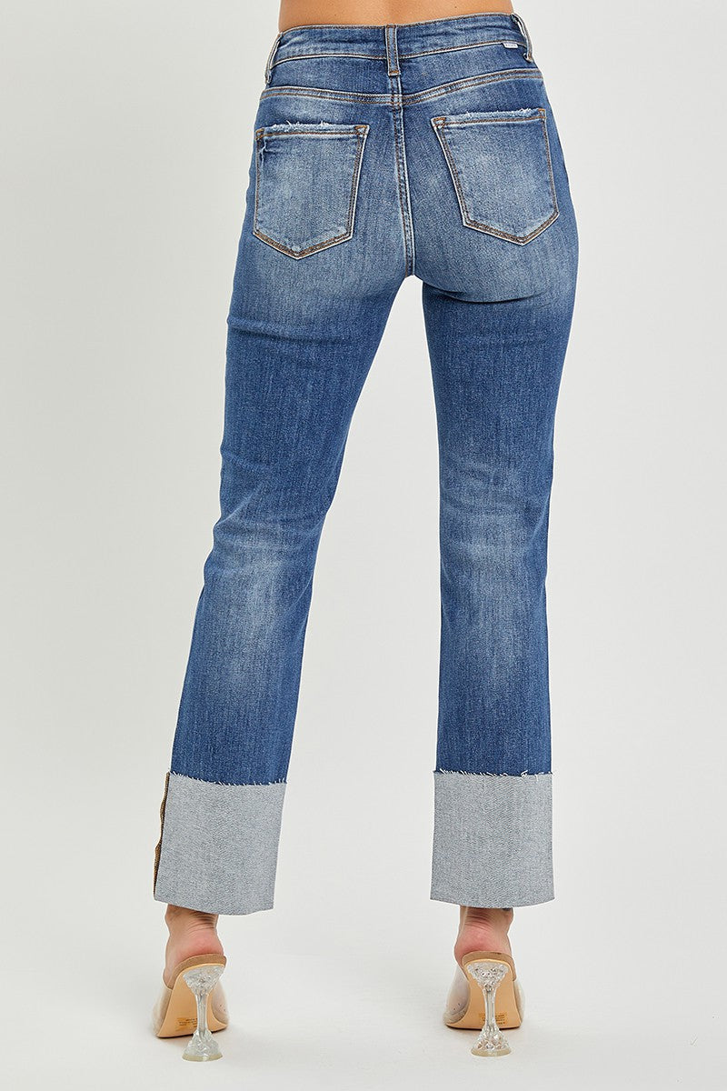 High Rise Wide Cuffed Straight Jeans Dark