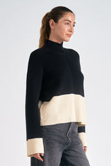 Color Block Turtleneck Ribbed Sweater Black + White