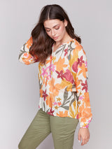 Printed Raglan Sleeve Popover Blouse Bouquet