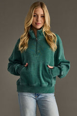 Cropped Funnel Neck 1/4 Zip Sweatshirt Dark Green