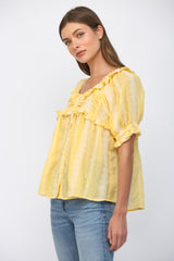 Lace Embroidered Detail Ruffle Sleeve Blouse Yellow