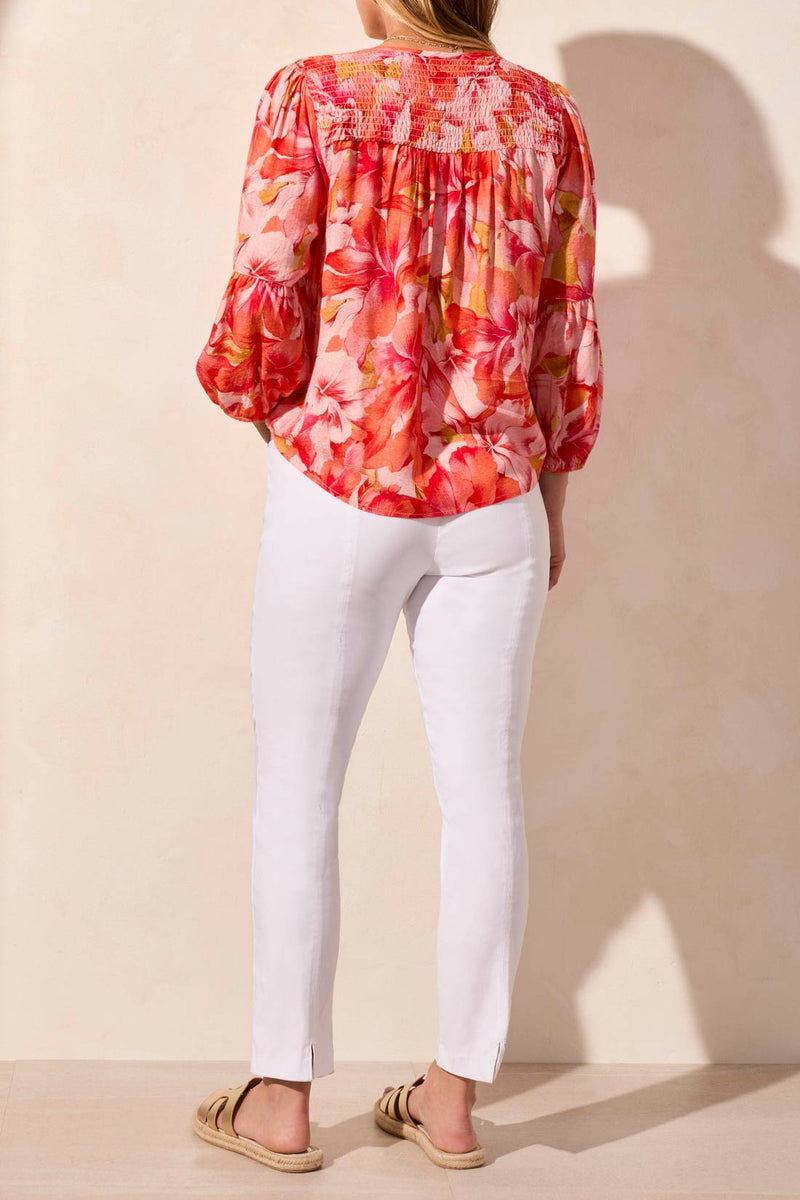 3/4 Sleeve Smoked Yoke Printed Blouse Coral Sky