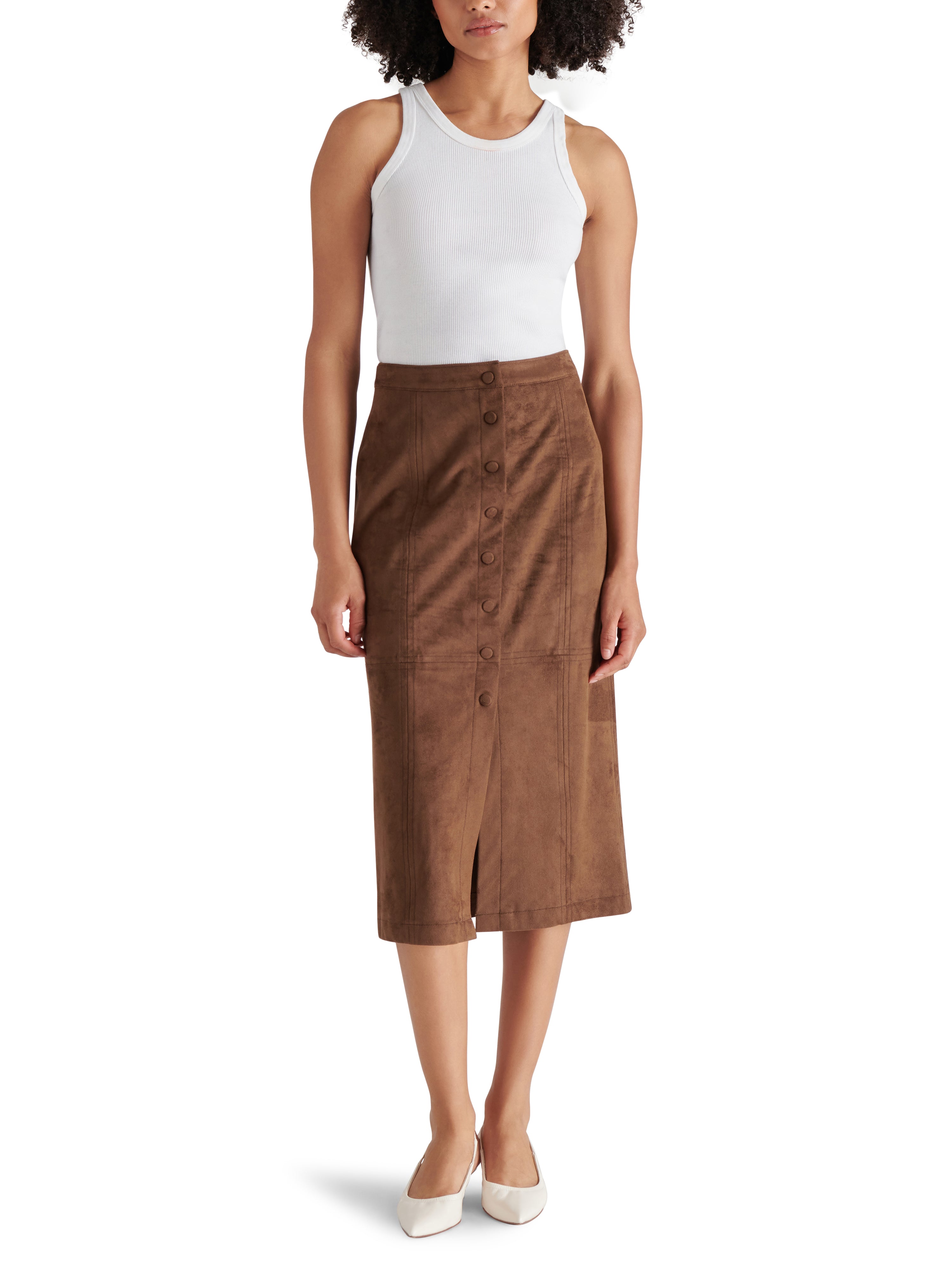 Riya Button Front Suede Midi Skirt Cocoa