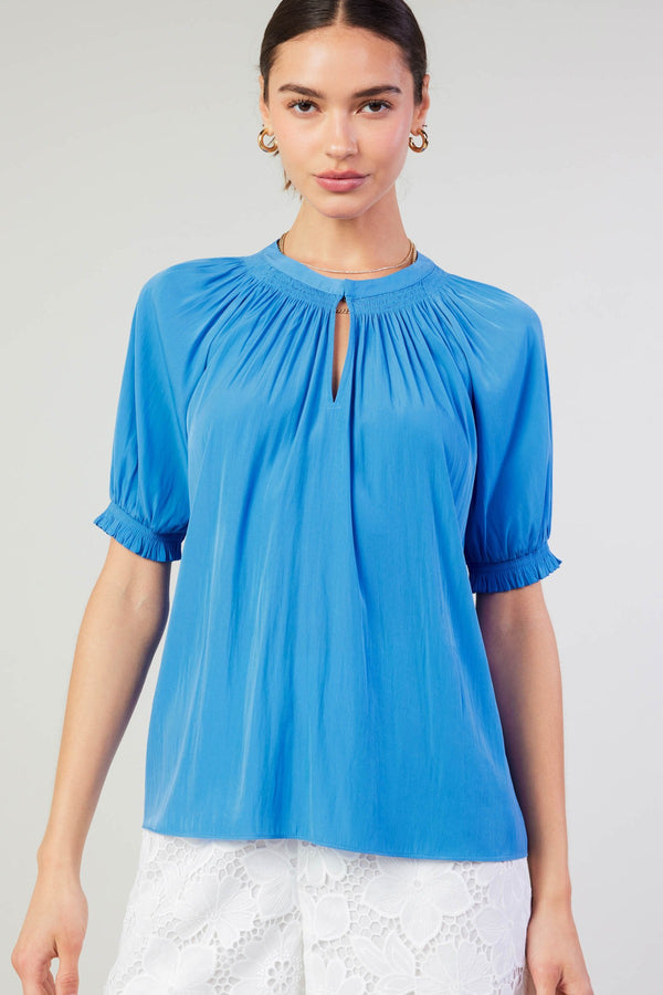 Smocked Trimmed Neck Half Balloon Sleeve Blouse Faded Blue