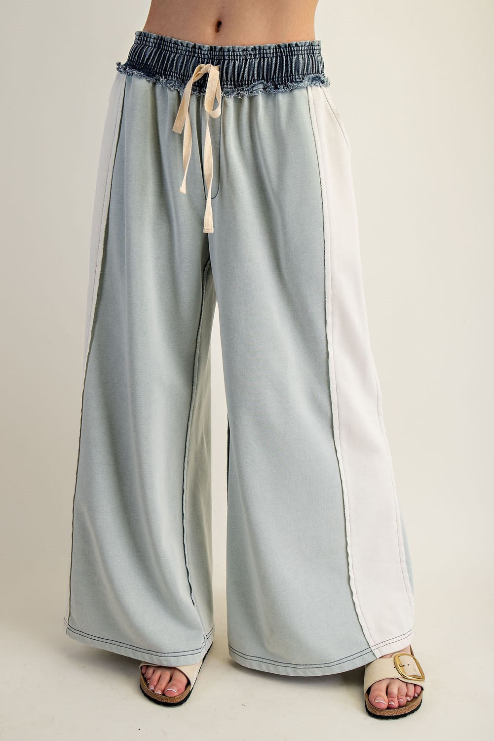 Color Block Denim Drawstring Pants Sage