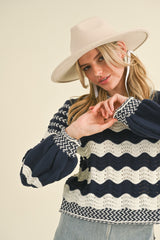 Wavy Stripe Puff Sleeve Sweater Navy Ivory