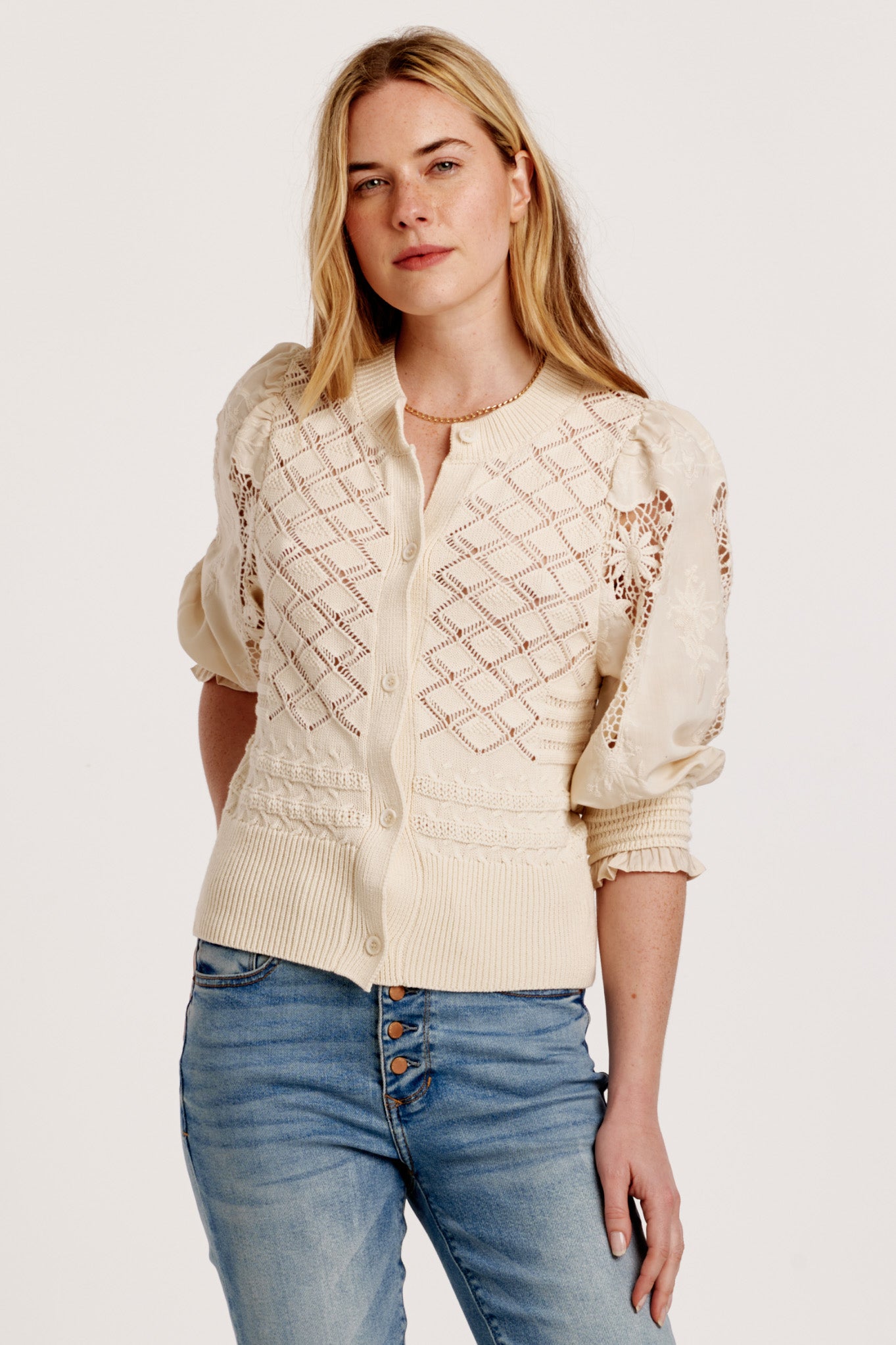 Ankara Puff Sleeve Mix Media Cardi Vintage Cream
