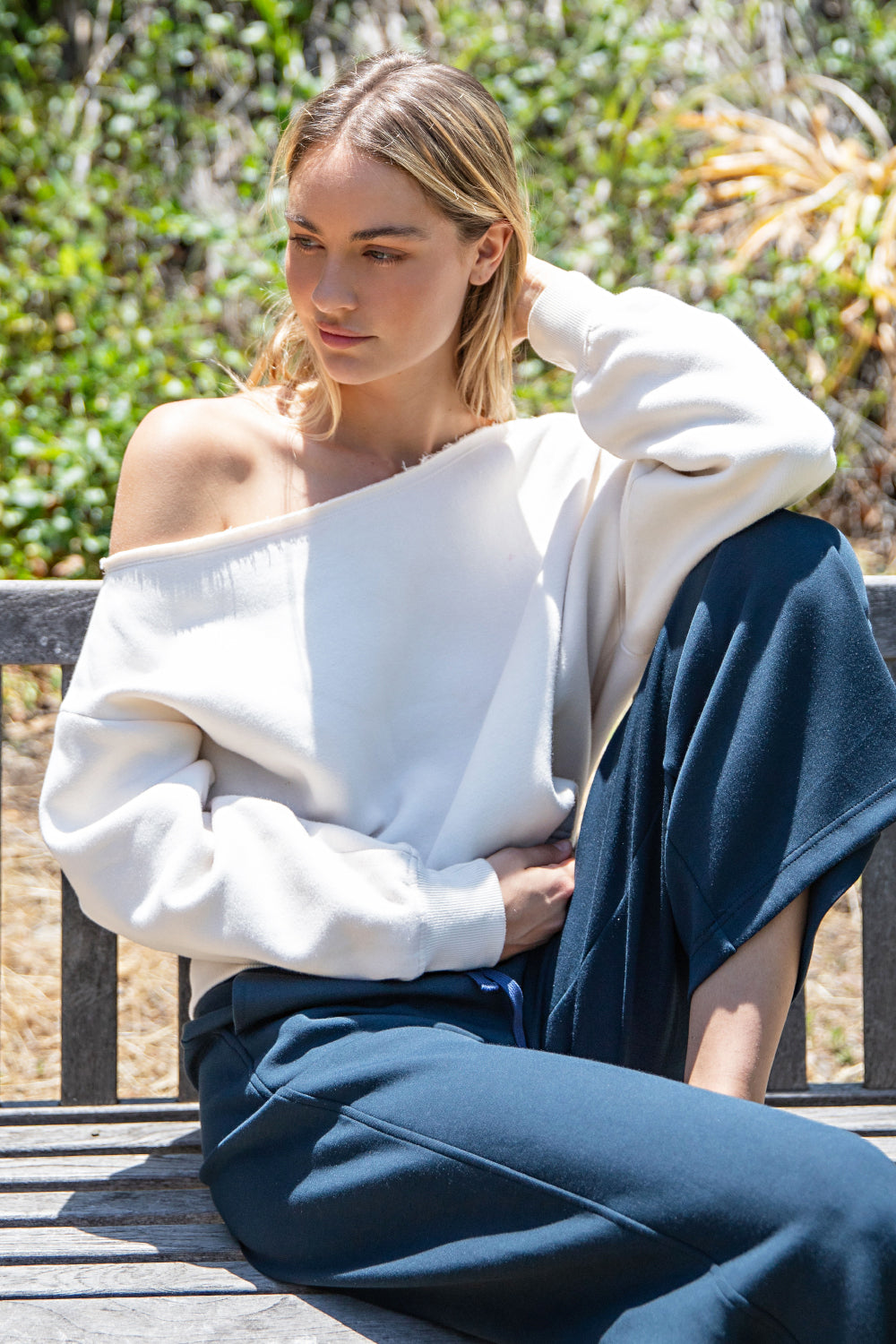 Raw Edge Off Shoulder Sweatshirt Bone