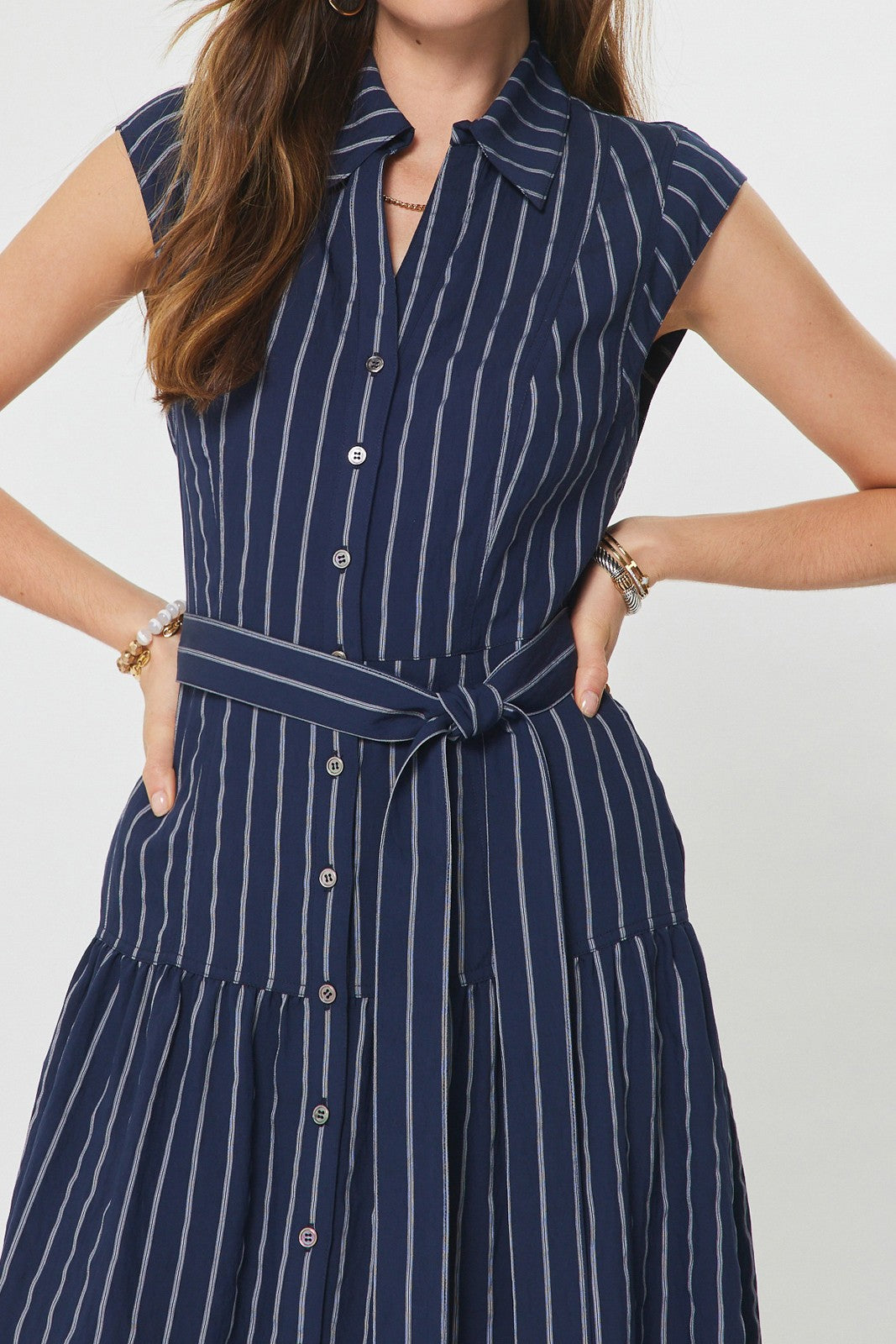 Belted Pinstripe Cap Sleeve Dress Navy