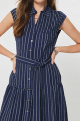 Belted Pinstripe Cap Sleeve Dress Navy