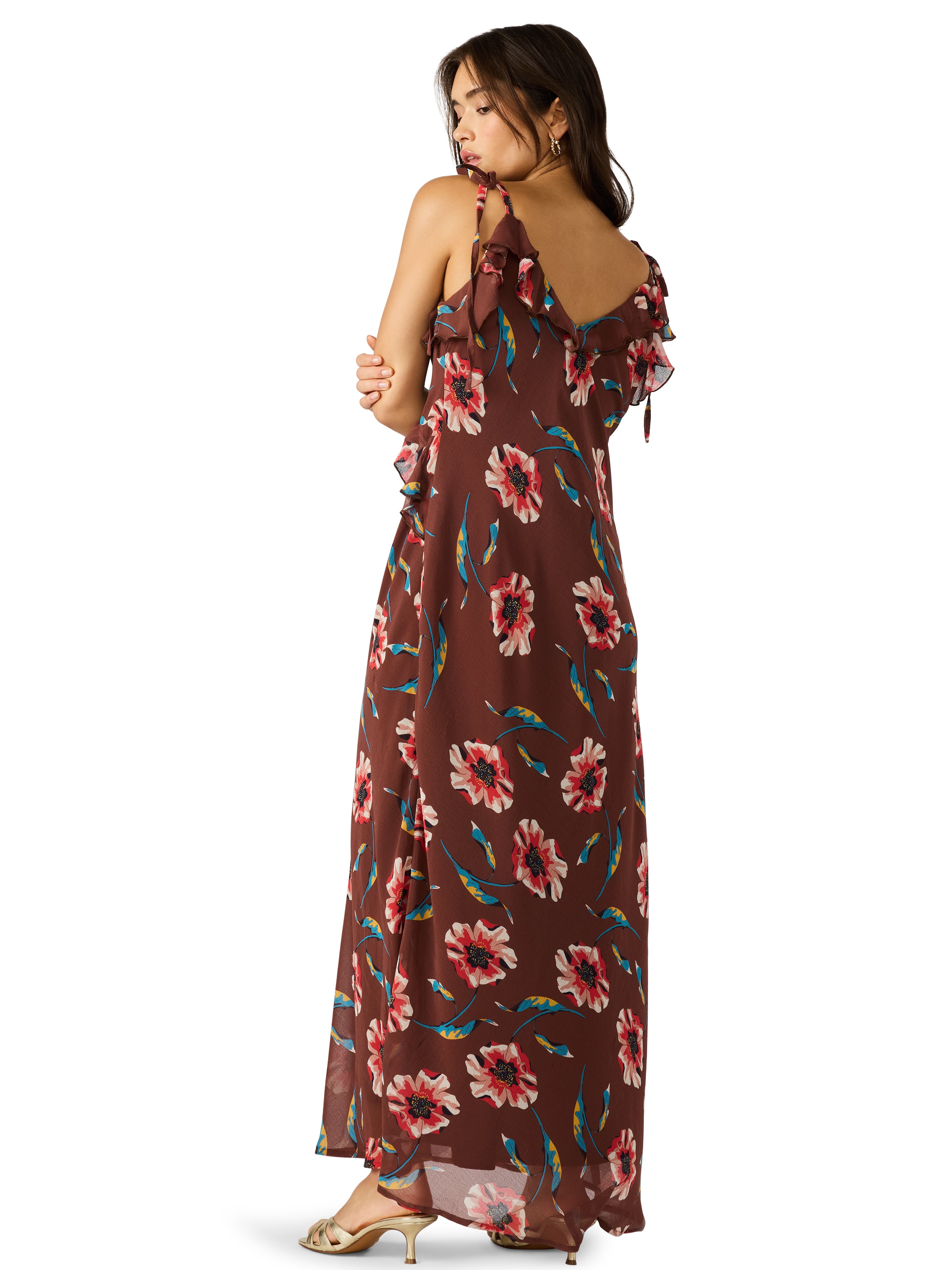 Adaline Ruffle Detail Printed Dress Brown