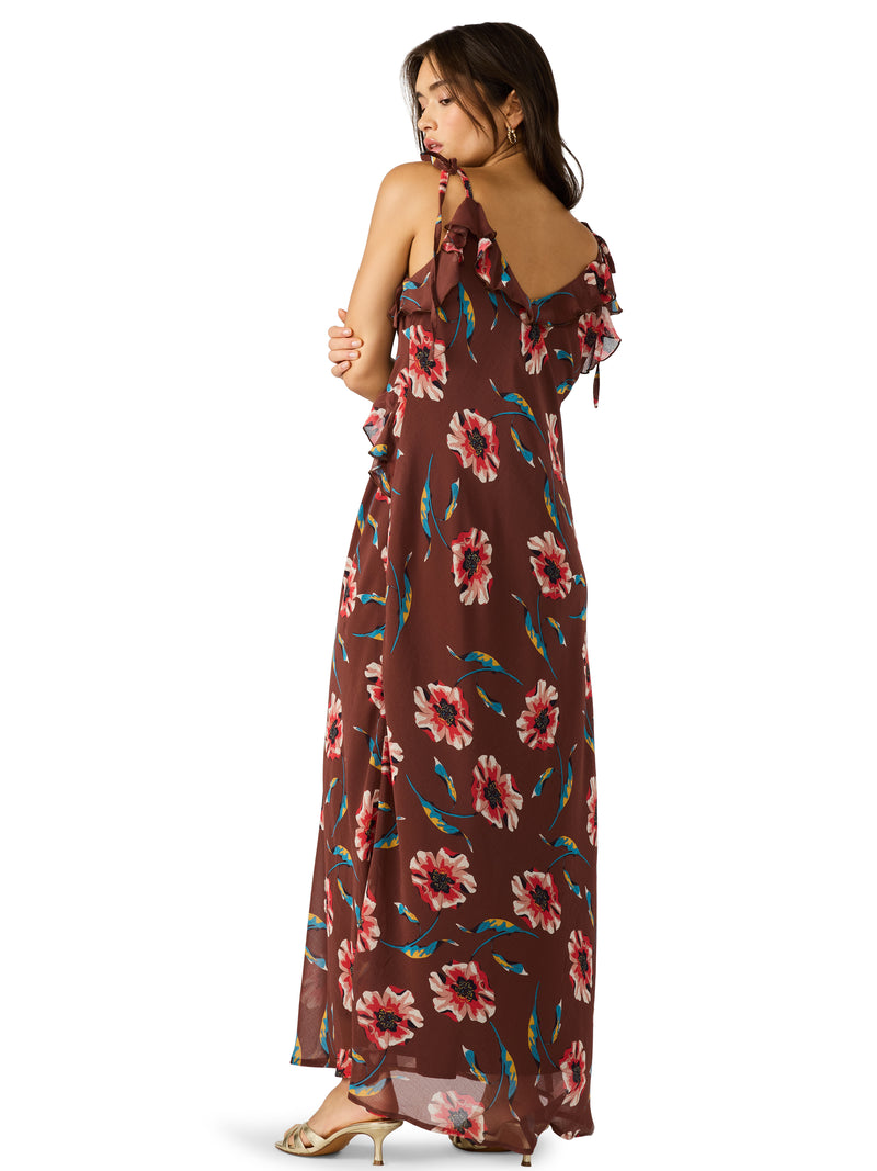 Adaline Ruffle Detail Printed Dress Brown