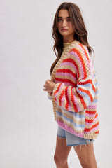 Multi Stripe Sweater Cardigan Red + Sky