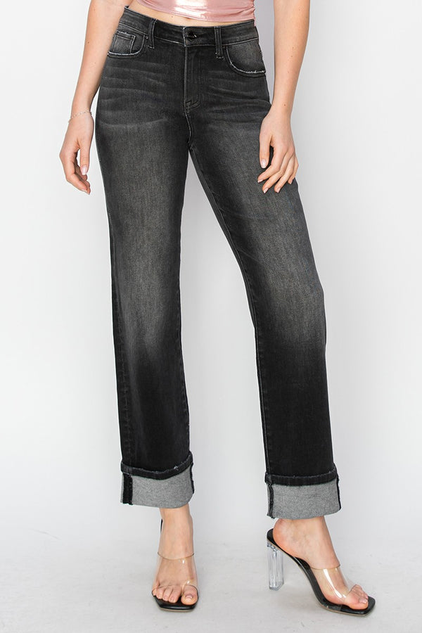 High Rise Straight Turn Up Cuff Jeans Black