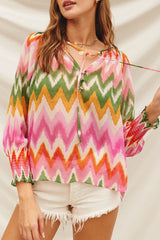 Watermelon Sugar Smocked Neckline Flowy Blouse Sunset Cosmo