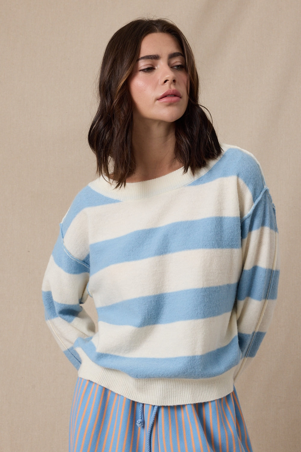 Cozy Stripe Raw Edge Sweater Surf Blue/White