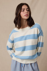 Cozy Stripe Raw Edge Sweater Surf Blue/White