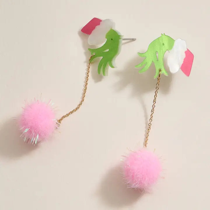 Grinch Hand Pom Pom Dangle Earrings - Pink