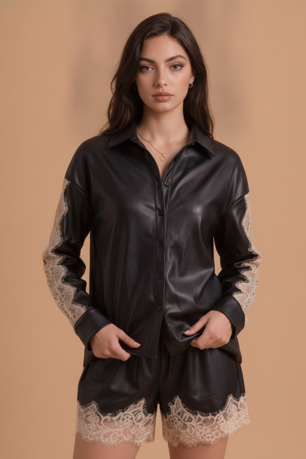 Lace Trim Leather Button Down Shirt Black