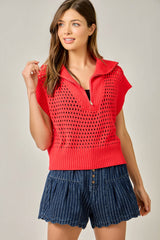 Fishnet 3/4 Zip Short Sleeve Relaxed Sweater Red