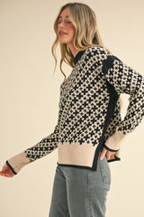 Mock Neck Plus Print Side Slit Pullover Sweater Black Cream