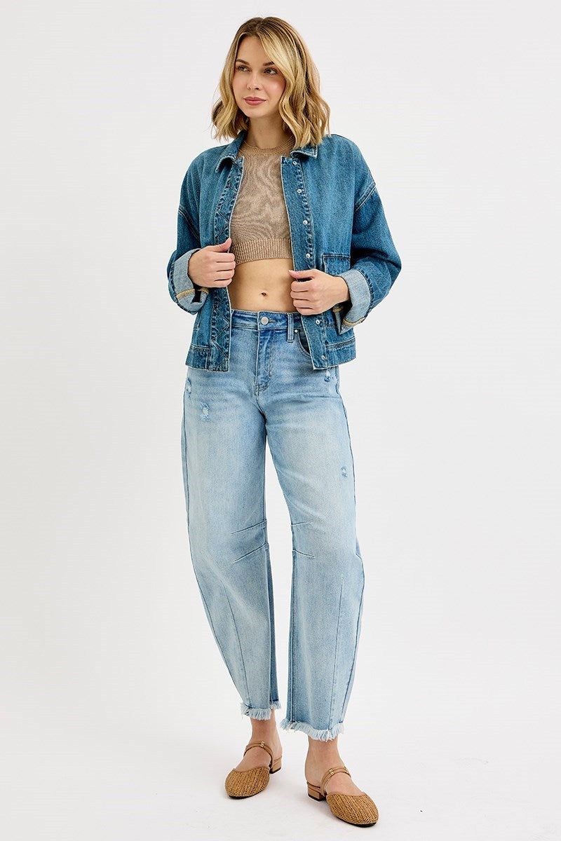 Oversized Cargo Pocket Cuffed Sleeve Denim Jacket Medium