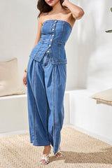 Brooke Pleated Wide Flowy Denim Pants Amalfi Coast