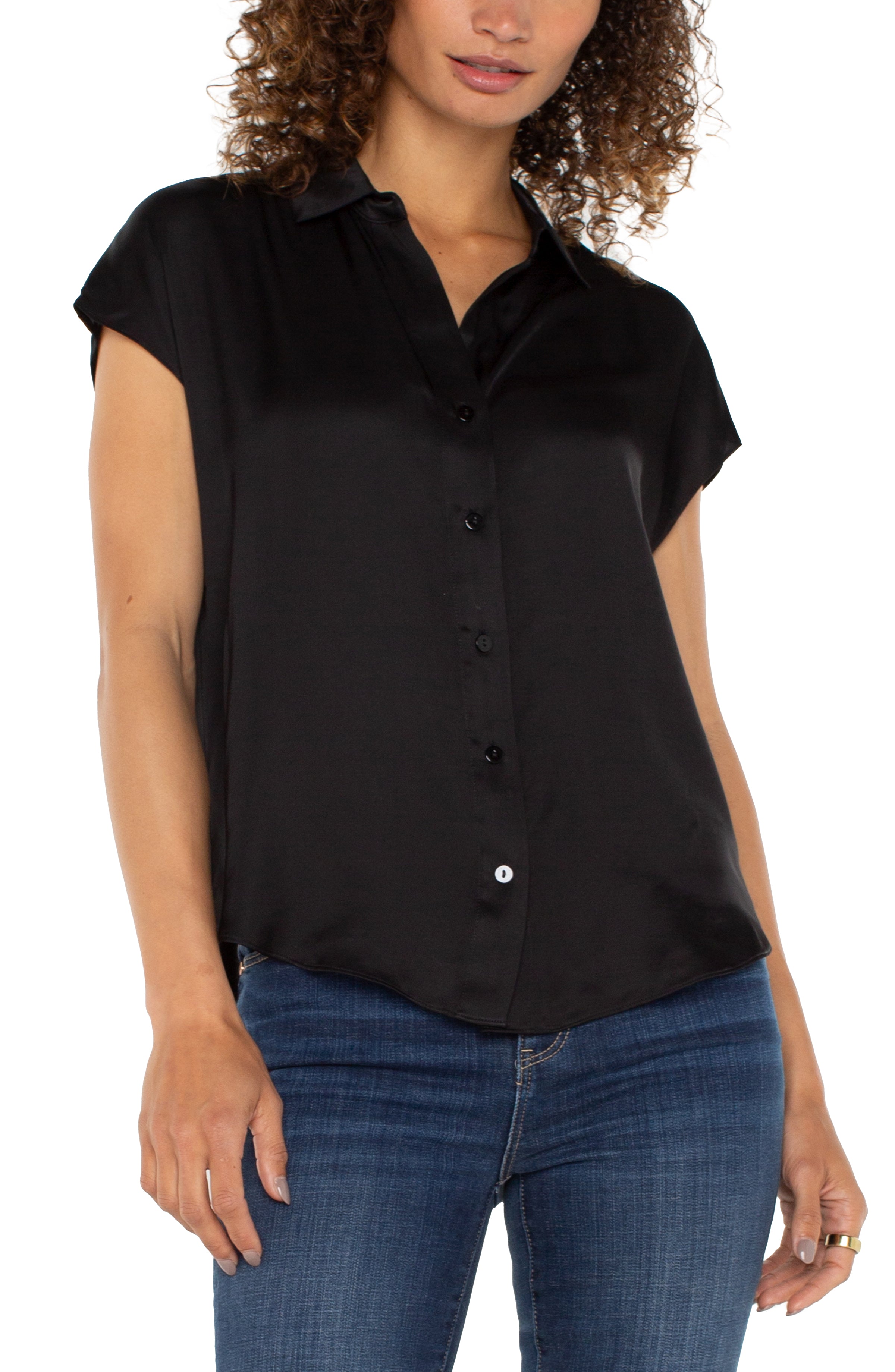 Dolman Sleeve Collared Button Down Blouse Black