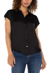 Dolman Sleeve Collared Button Down Blouse Black