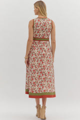 Floral Print Sleeveless Belted Midi Dress Ecru