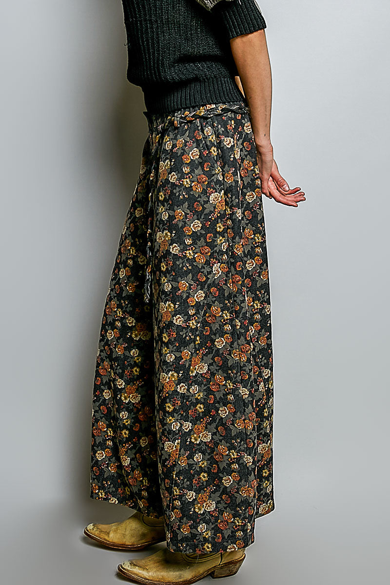 Jacquard Mini Rose Floral Braided Belt Pants Black Floral