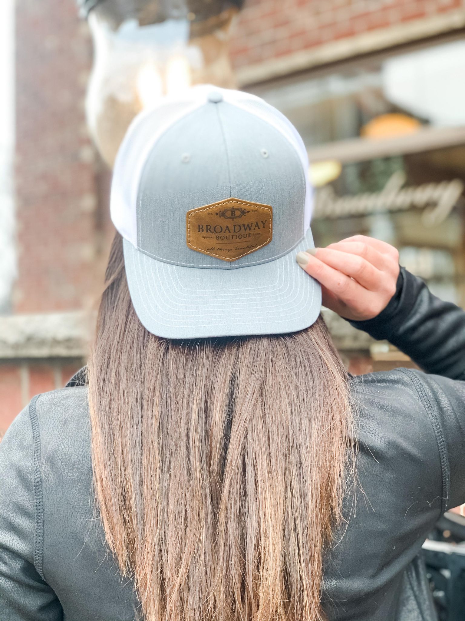 Broadway Leather Patch Trucker Hat Heather Grey