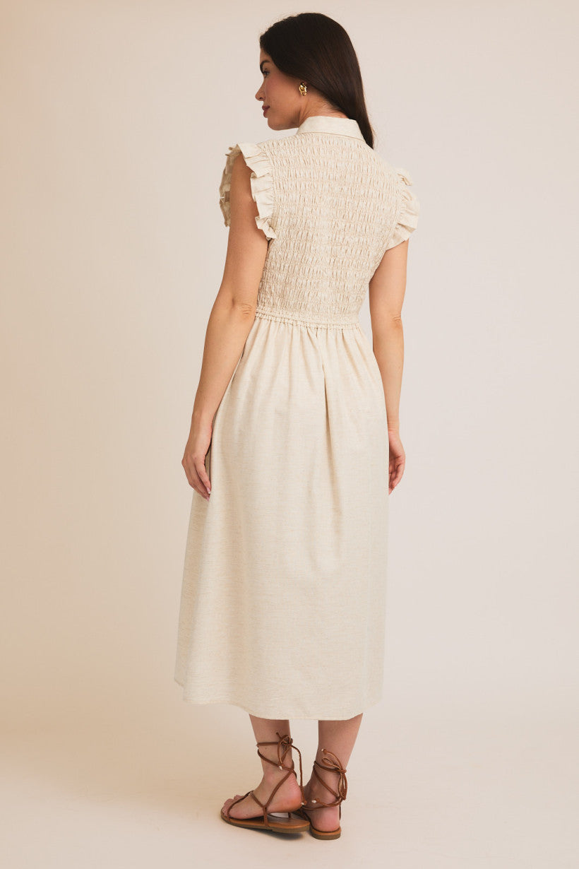 Button Up Smock Detail Ruffle Cap Sleeve Midi Dress Cream