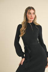 Ribbed Sweater Knit Button Detail Midi Dress Black
