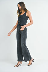 Mini Patch Pocket Wide Hem Flare Jeans Washed Black