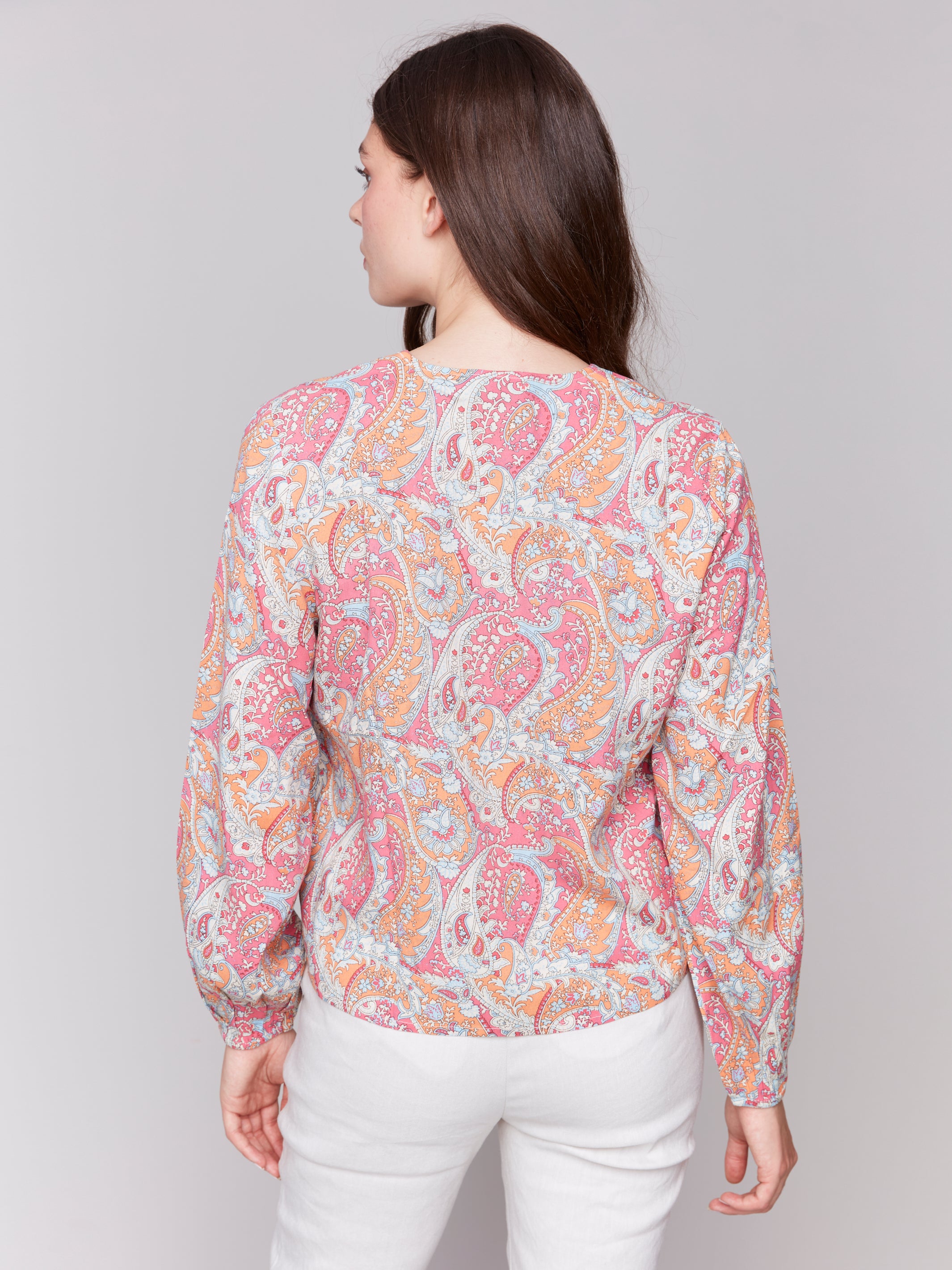Printed Front Tie Long Sleeve Blouse Paisley