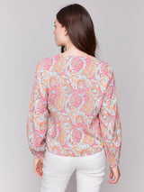 Printed Front Tie Long Sleeve Blouse Paisley
