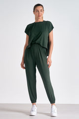 Short Sleeve Hi Low Jogger Jumpsuit Dark Green