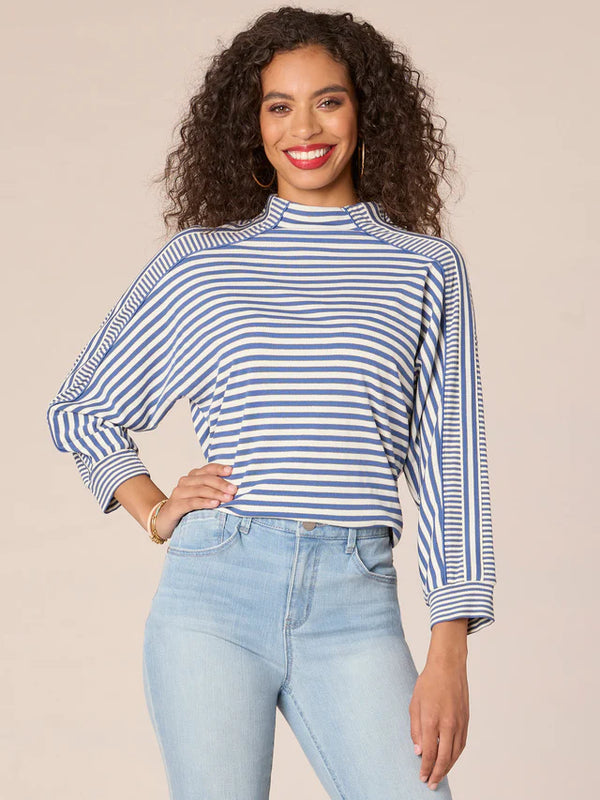 3/4 Dolman Sleeve Mock Neck Stripe Blocked Knit Top Blue + Off White