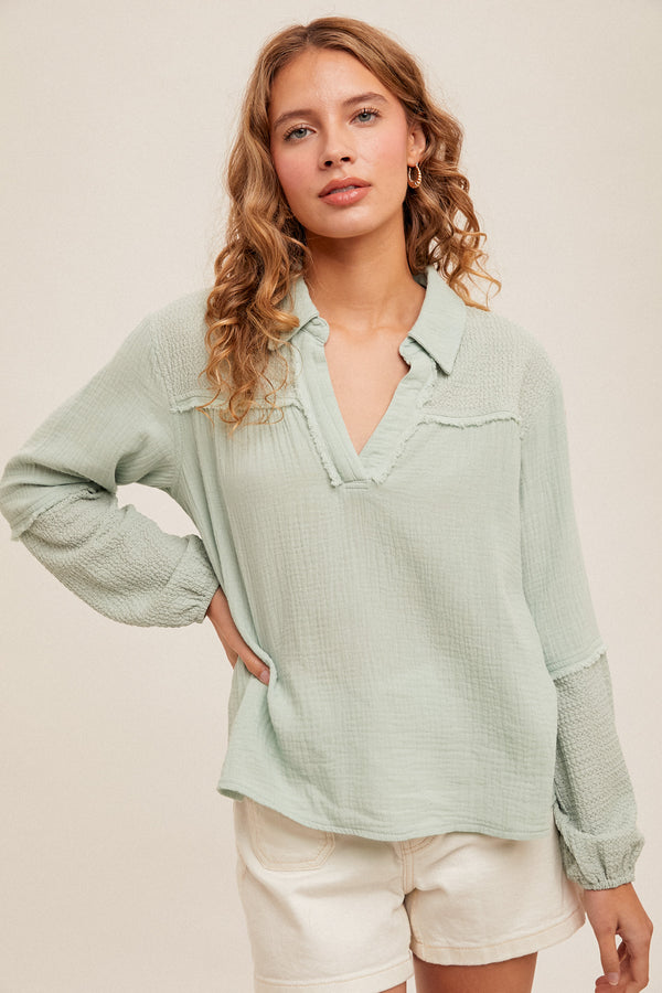 Blouson Sleeve Mixed Gauze Textured Collared Top Seafoam