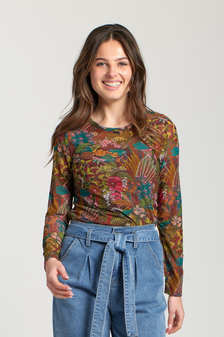Floral Printed Long Sleeve Mesh Top Olive Multi