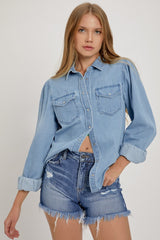 Shirring Sleeve Relaxed Fit Pearl Snap Button Down Light