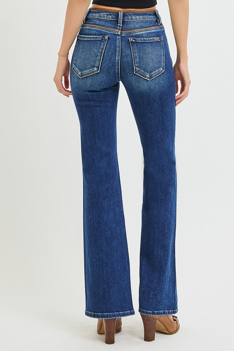 Leather Details Mid Rise Bootcut Jeans Dark